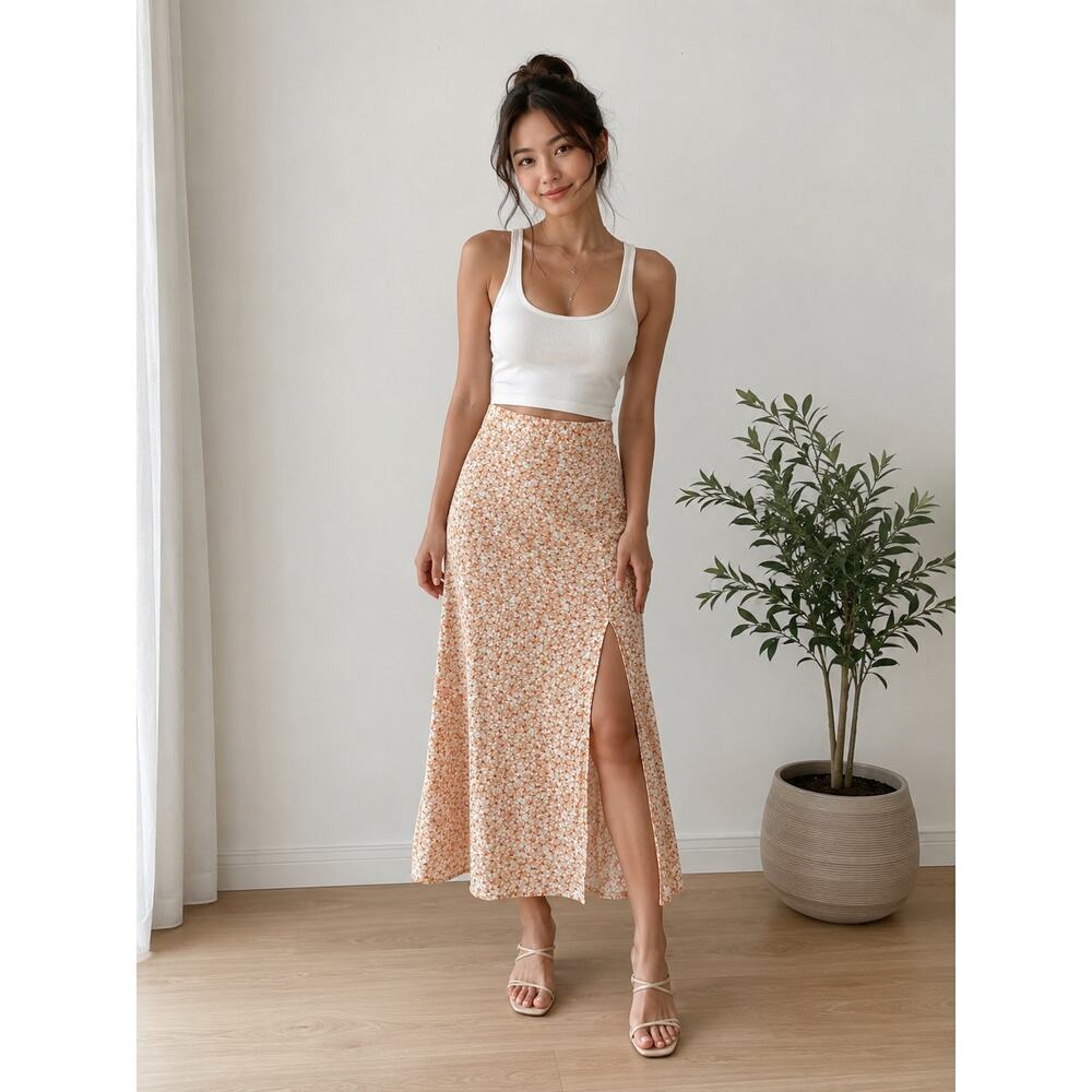 H&M Orange Floral Side Slit Maxi Skirt Size 2 Boho